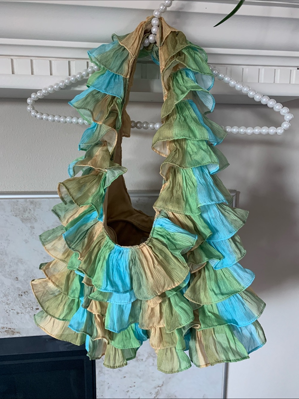 Vintage inspired Ruffled Organza Tiered Festival Hobo Bag in Aqua, Lime & Tan